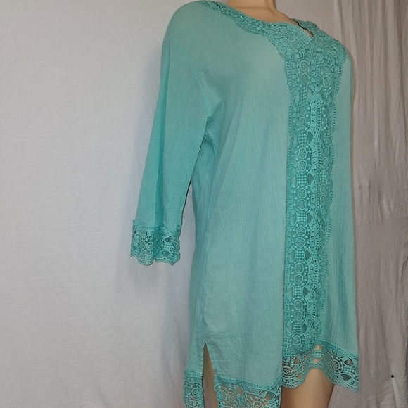 Isaac Mizrahi Teal Tunic with Pink Label Cochet Beach Cover Up SzL - Picture 17 of 17